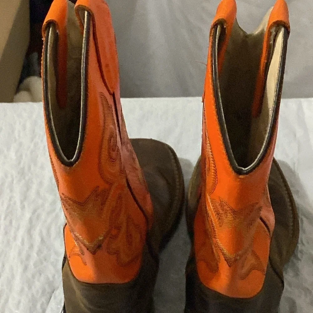OLD WEST‎ GENUINE LEATHER Orange and Brown Western Cowboy Boots KIDS  SIZE 3D
